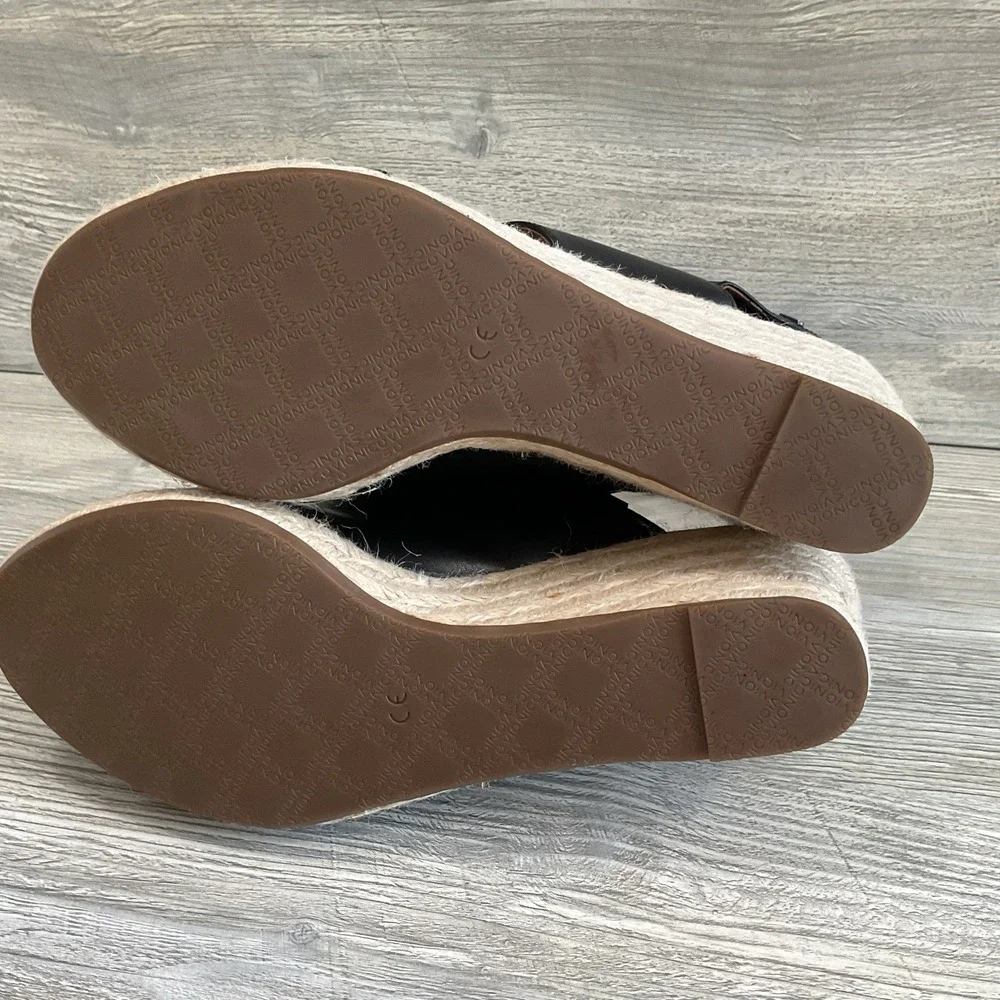 Vionic Brooke Black Leather Espadrille Wedge Beautiful Sandals Women's Size 10 M